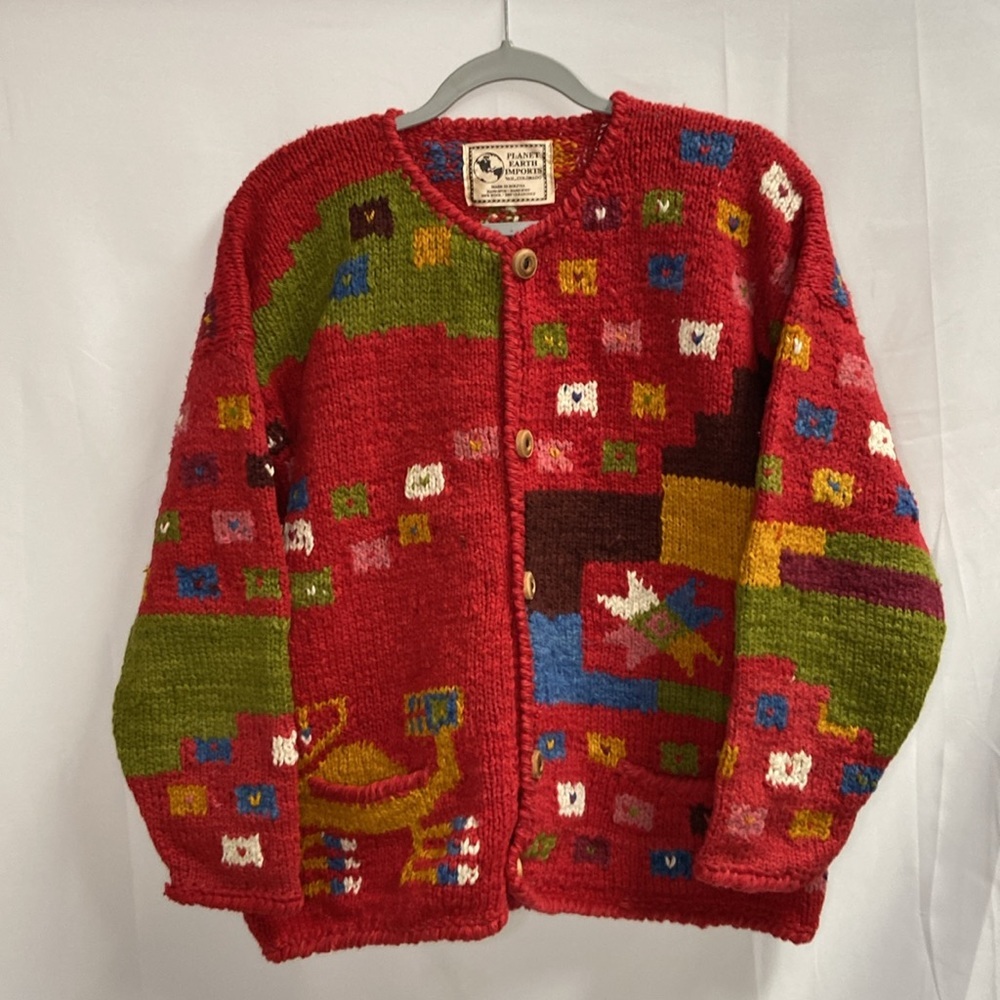 Handmade Red Patterned Wool Cardigan Sweater